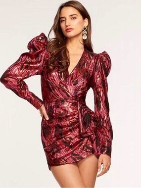 Ramy Brook Annie Red Jacquard Faux Wrap Puff Long Sleeve Cocktail Mini Dress 8